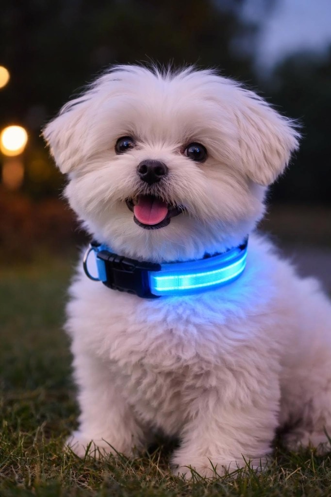 Dog wearing glowing illuminated safety collar at night